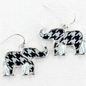 Black and White Houndstooth Elephant Earrings~Silver Elephant Earrings